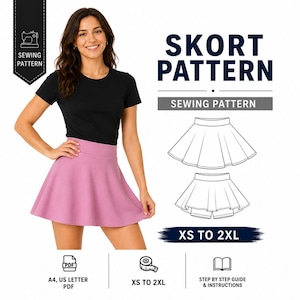 Może przedstawiać: Wykrój krawiecki na spódnico-spodnie z czarnym t-shirtem i różowymi rozkloszowanymi spódnico-spodniami. Tekst zawiera SKORT PATTERN, SEWING PATTERN, XS TO 2XL, A4, US LETTER PDF oraz STEP BY STEP GUIDE & INSTRUCTIONS. Zawiera rysunki techniczne.