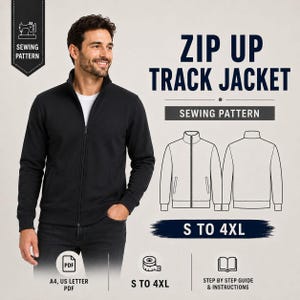 Pode incluir: Um molde de costura para jaqueta esportiva preta com zíper, apresentando um desenho linear da frente e das costas. O texto diz ZIP UP TRACK JACKET, SEWING PATTERN, S TO 4XL, A4, US LETTER PDF e STEP BY STEP GUIDE & INSTRUCTIONS.