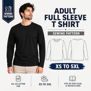 Pode incluir: Um molde de costura digital para uma camiseta de manga comprida para adultos, apresentando uma camiseta preta, um desenho linear da frente e das costas da peça e texto indicando tamanhos de XS a 5XL, formato PDF e instruções.