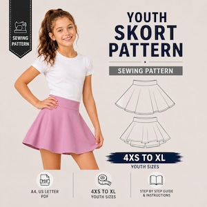 Puede incluir: Un patrón de costura digital para una falda pantalón juvenil, con una camiseta blanca y una falda pantalón rosa lisa. El gráfico incluye dibujos técnicos de la falda pantalón, el texto YOUTH SKORT PATTERN, 4XS TO XL, e iconos de PDF e instrucciones.