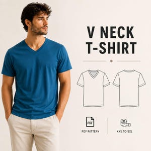 Può includere: Una t-shirt blu con scollo a V e maniche corte. L'immagine include il testo V NECK T-SHIRT, PDF PATTERN e XXS TO 5XL, insieme a un disegno al tratto che mostra le viste anteriore e posteriore del design dell'indumento per un cartamodello.