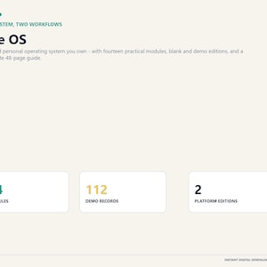 Puede incluir: Un producto digital titulado Life OS, un sistema operativo personal que incluye catorce módulos prácticos, ediciones en blanco y de demostración, y una guía de 48 páginas. La interfaz muestra 14 módulos, 112 registros de demostración y 2 ediciones.
