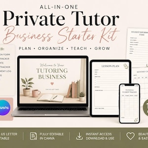 Puede incluir: Un kit de inicio para negocios de tutoría privada con plantillas digitales para portátil, tableta y smartphone. Incluye formulario de información del estudiante, plan de lecciones, seguimiento de pagos y calendario, editable en Canva.