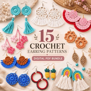 Crochet Earring Pattern Bundle, 15 Boho Crochet Earrings PDF Patterns, Fringe Hoop Earrings, Dreamcatcher, Beaded Jewelry, Instant Download