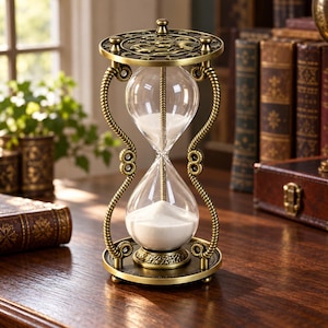 Puede incluir: Un reloj de arena con marco de metal color latón, soportes laterales trenzados y placas circulares superior e inferior. La placa superior muestra símbolos celestiales en relieve, incluyendo estrellas y una luna creciente.