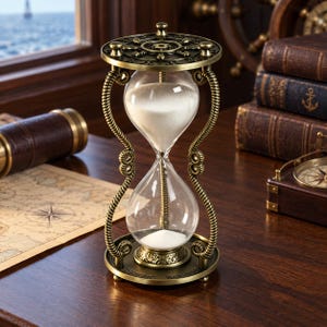 May include: An hourglass with a brass-toned metal frame featuring intricate nautical-inspired detailing on the top and bottom circular plates. The frame is supported by two curved, rope-textured pillars, and the glass bulb contains white sand.