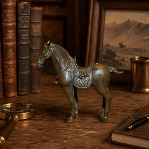 May include: A bronze-toned horse figurine standing in profile, featuring a detailed saddle with a quilted pattern, a bridle, and a textured finish. The sculpture is depicted in a standing position with its head turned slightly toward the left side.