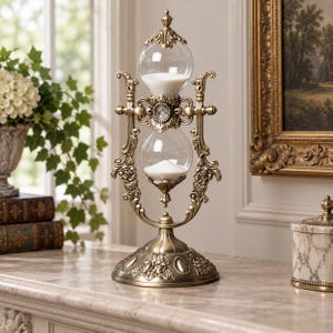 May include: An antique-style hourglass featuring a brass-toned metal frame with ornate floral and scrollwork detailing. The hourglass contains white sand within two clear glass bulbs, supported by a decorative circular base and a central clock dial.