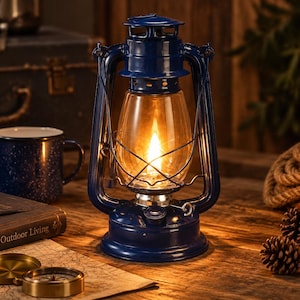 May include: A dark blue metal hurricane lantern with a clear glass globe containing a warm, glowing flame. The lantern features a wire cage, a top handle, and a circular base, emitting a soft light that illuminates the surrounding area.
