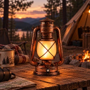 May include: A vintage-style hurricane lantern with a distressed bronze finish and a glowing frosted glass globe. The lantern features a wire cage design, a top handle, and a small circular power button on the base, emitting a warm, soft light.