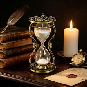 May include: An hourglass with a metallic bronze-toned frame featuring intricate rope-like side supports and decorative circular plates at the top and bottom. The glass bulbs contain white sand, with a portion currently flowing through the center.