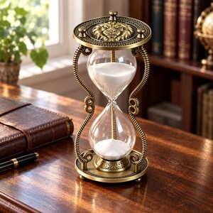 May include: An hourglass with a metallic bronze-toned frame featuring a sculpted lion head on the top circular plate. The frame has twisted rope-like supports and a circular base. The clear glass bulbs contain white sand flowing between them.