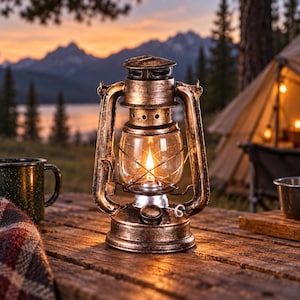 Può includere: Una lanterna da tempesta in metallo color bronzo con un globo in vetro trasparente e una fiamma visibile all'interno. La lanterna presenta una gabbia in filo metallico a protezione del vetro, una maniglia superiore e una finitura vissuta.