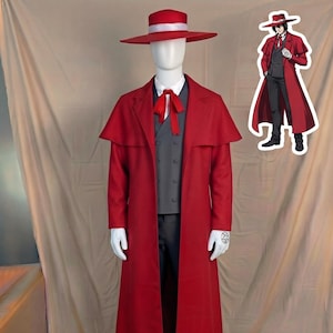 May include: A costume set featuring a long red trench coat with a capelet, a dark gray double-breasted vest, a white collared shirt with a red necktie, dark trousers, and a wide-brimmed red hat with a white band, displayed on a white mannequin.
