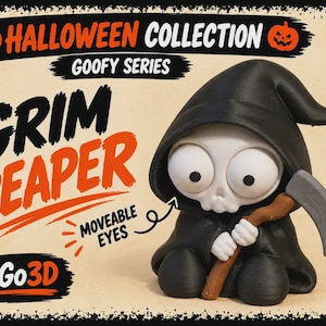 May include: A Grim Reaper figurine from the Goofy Series Halloween Collection with large white moveable eyes, a black hooded robe, and a grey scythe. The text reads HALLOWEEN COLLECTION, GOOFY SERIES, GRIM REAPER, MOVEABLE EYES, and AGo3D.