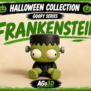 May include: A green and black Frankenstein figurine from the Goofy Series Halloween Collection. The character has a flat black head, large white eyes, and silver bolts on the sides. The text HALLOWEEN COLLECTION, GOOFY SERIES, FRANKENSTEIN, and AGo3D appear.