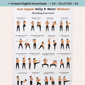 Può includere: Un poster digitale di esercizi intitolato Low Impact Belly & Waist Workout Standing Exercises. Presenta illustrazioni di figure con top arancioni e leggings neri che eseguono vari movimenti come crunch, torsioni del busto e affondi laterali.