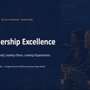 May include: A dark blue digital graphic for a Leadership Development Programme titled Leadership Excellence. It includes the text Leading Yourself, Leading Others, Leading Organisations, 8 Modules, 8 Weeks, and Designed with the ADDIE Instructional Design Model.