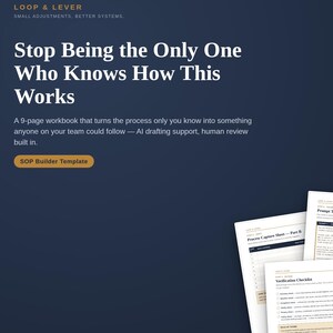 May include: A 9-page workbook titled SOP Builder Template by Loop & Lever, featuring white pages with dark text on a navy background. The text reads: Stop Being the Only One Who Knows How This Works, with sections for Process Capture Sheet and Verification.