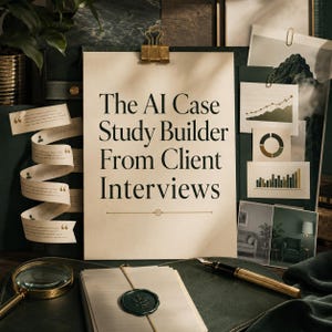 May include: A cream-colored document with the black text The AI Case Study Builder From Client Interviews, held by a gold clip. It is surrounded by charts, a magnifying glass, a fountain pen, and a wax-sealed envelope on a dark green surface.