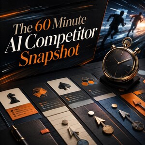 May include: A black and gold stopwatch sits beside a series of rectangular cards featuring icons like a knight, a geometric shape, and a spade. The text reads The 60 Minute AI Competitor Snapshot, accompanied by an illustration of two figures running.