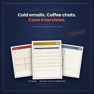 May include: A digital planner set titled Study Static Business Edition featuring three pages: Brain Dump & Sort, Recruiting Cycle Tracker, and Networking & Case Weather Forecast. The pages are 8.5 x 11 inches, designed for printing or GoodNotes.