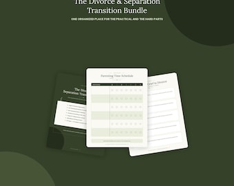 May include: A digital document bundle titled The Divorce & Separation Transition Bundle by Tiny Resets. It includes a Parenting Time Schedule and a Grief in Divorce worksheet, featuring a dark green and cream color palette with 62 pages total.