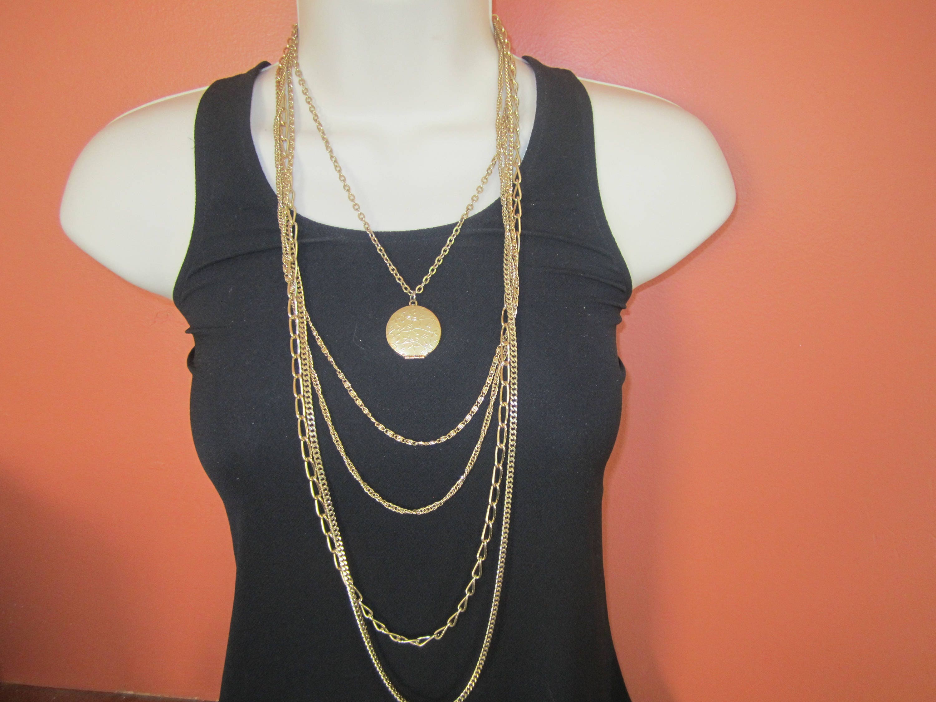 Citation Gold Tone Locket Chain Multi Strand Necklace Statement Necklace Hippie Boho Estate Jewelry