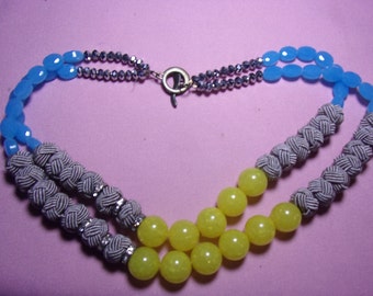 vintage yellow, grey and blue bead necklace  F4