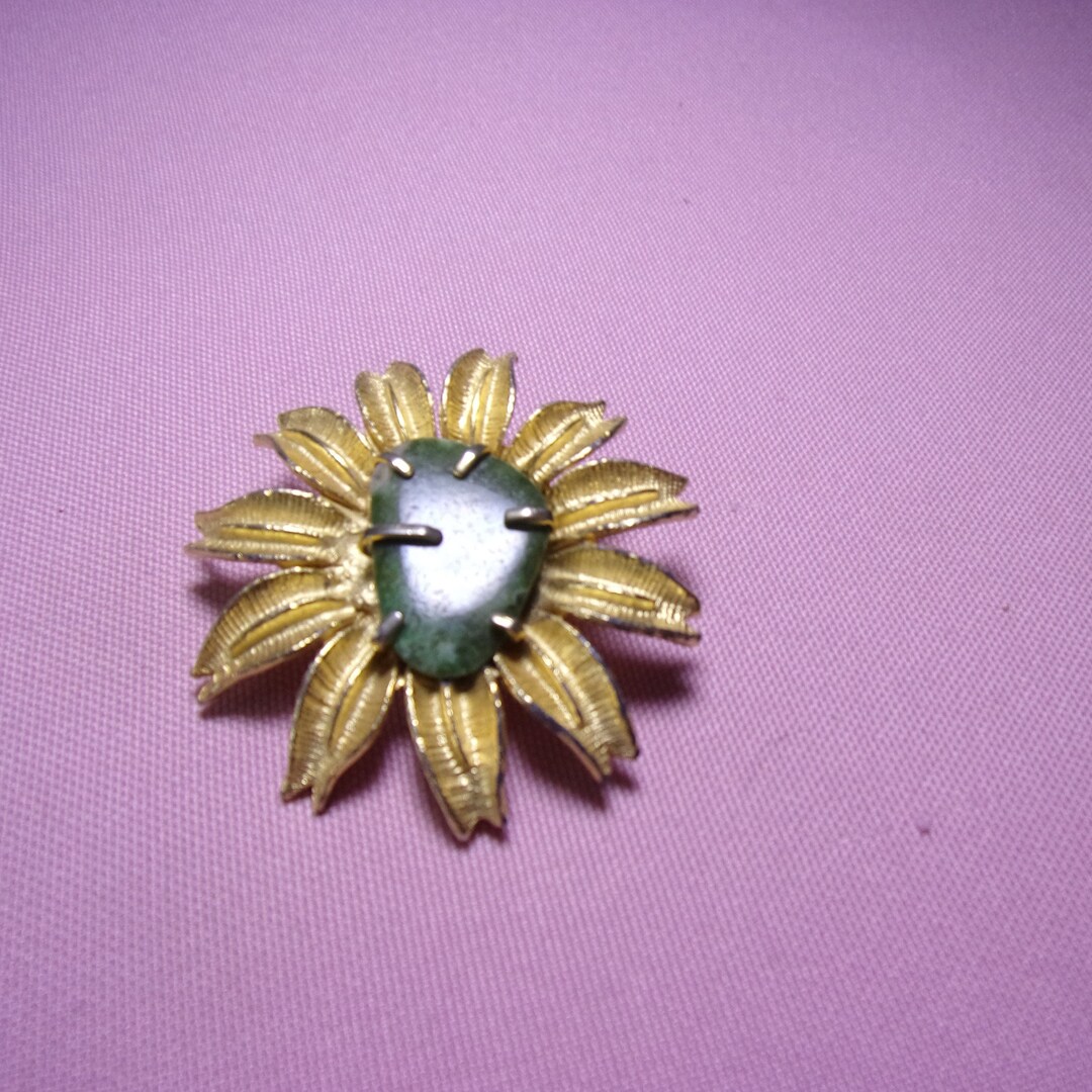 Vintage Sunflower Brooch With Center Green Stone Etsy