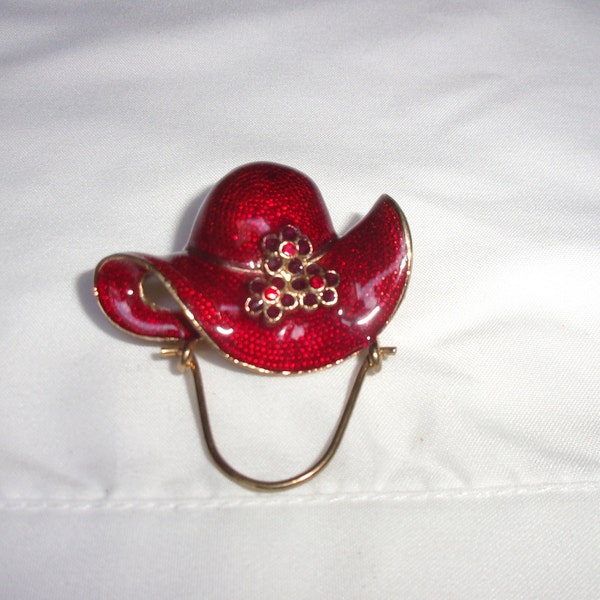 vintage red enamel hat charm brooch