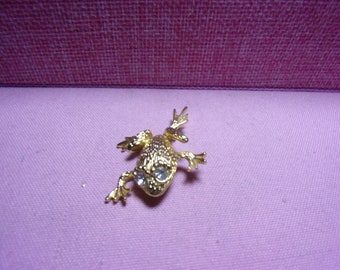 vintage gold tone rhinestone frog brooch A3