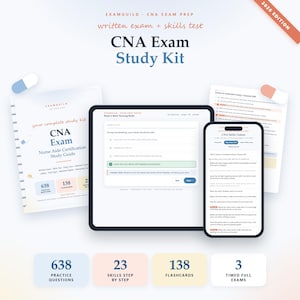 Op de afbeelding: Een CNA-examenstudiepakket editie 2026 met een spiraalgebonden gids, een tablet met een oefentoets en een smartphone met een vaardigheidstrainer-app. Het pakket bevat 638 oefenvragen, 23 vaardigheidsstappen, 138 flashcards en 3 volledige examens.
