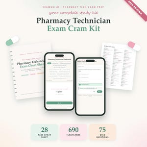 May include: A Pharmacy Technician Exam Cram Kit 2026 Edition study set including a spiral-bound cheat sheet, two smartphones displaying digital flashcards and quiz questions, and a reference sheet, accented by two pill-shaped graphics.