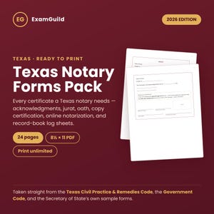May include: A digital Texas Notary Forms Pack 2026 Edition on a dark red background. The text includes Texas Notary Forms Pack, 24 pages, 8.5 x 11 PDF, and Print unlimited. Two white document pages with legal text are displayed on the right side.