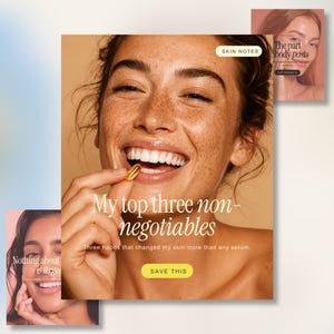 May include: A person with freckles smiling while holding a small, translucent yellow capsule near their mouth. Text overlays include "SKIN NOTES," "My top three non-negotiables," "Three habits that changed my skin more than any serum," and "SAVE THIS."