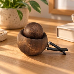 May include: A dark brown, spherical car air freshener vent clip with a textured, weathered finish. The object consists of a round, bowl-like base holding a matching spherical insert, attached to a black plastic clip designed for vehicle vents.