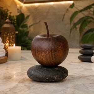 May include: A dark brown wooden apple sculpture with a visible wood grain texture and a thin stem, resting securely on top of a smooth, flat, dark gray river stone. The apple is round and polished, contrasting with the natural texture of the stone.