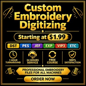 以下が含まれることがあります： Custom Embroidery Digitizingと金色の文字で書かれた黒いグラフィック看板。DST、PES、JEF、EXP、VIP3、ETCのファイル形式アイコンに加え、1時間での納品、24時間サービス、無料コース、100%満足保証を示すシンボルが配置されています。