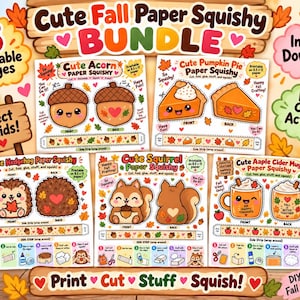 Puede incluir: Un paquete digital de 5 páginas imprimibles con manualidades de squishies de papel con temas otoñales, que incluyen una bellota, tarta de calabaza, erizo, ardilla y una taza de sidra. Cada página incluye instrucciones, formas y tiras laterales.