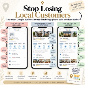 May include: An infographic titled Stop Losing Local Customers showing three smartphone screens comparing a business profile before and after optimisation, with text labels highlighting visibility, reviews, and photos, plus a Google Business Profile Guide.