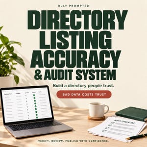 Könnte beinhalten: Eine digitale Grafik mit dem Text DULY PROMPTED DIRECTORY LISTING ACCURACY & AUDIT SYSTEM. Ein Laptop zeigt eine Datentabelle, eine Tasse steht auf einem Untersetzer und eine Audit-Checkliste liegt neben einem Stift auf einem Holztisch.