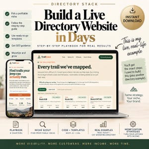May include: A digital product guide titled Directory Stack featuring a laptop and smartphone displaying a TrailScout directory website. The graphic includes text about building a directory website, step-by-step playbooks, templates, and monetization strategies for online business growth.