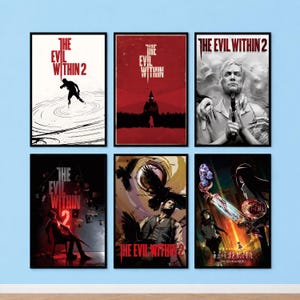 May include: A set of six rectangular wall posters featuring various graphic designs and illustrations related to The Evil Within 2, including character portraits, dark silhouettes, and stylized scenes with red, black, white, and grey color palettes.