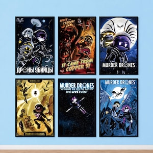 May include: A set of six rectangular posters featuring Murder Drones characters and themes. The artwork displays various scenes with dark, blue, and gold color palettes, including text such as Murder Drones, Copper 9, and The Live Event.