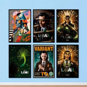 Peut inclure: Un ensemble de six affiches rectangulaires représentant Loki de la série Marvel. Les designs incluent diverses interprétations artistiques du personnage, le logo Loki et du texte comme Variant, For All Time Always et la marque Disney+.