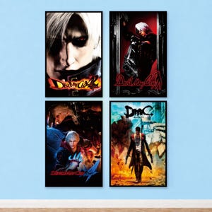 May include: A set of four rectangular wall posters featuring video game artwork. The top left shows a close-up of a character with white hair and the text Devil May Cry 2. The top right depicts a character with a firearm and the text Devil May Cry. The bottom left shows a character with glowing blue hands and the text Devil May Cry 4. The bottom right displays a character in a long coat with the text DmC Devil May Cry.