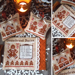May include: A set of three cross-stitch ornaments featuring a gingerbread house, gingerbread man, and gingerbread recipe. The ornaments are beige with brown and red accents. The recipe includes ingredients like flour, sugar, butter, honey, cinnamon, ginger, nutmeg, and eggs.