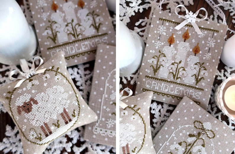 May include: Hand-stitched linen ornaments with festive designs. One features a sheep, another displays candles with the word "Candlemas." The ornaments are beige with white polka dots and are tied with a white ribbon.
