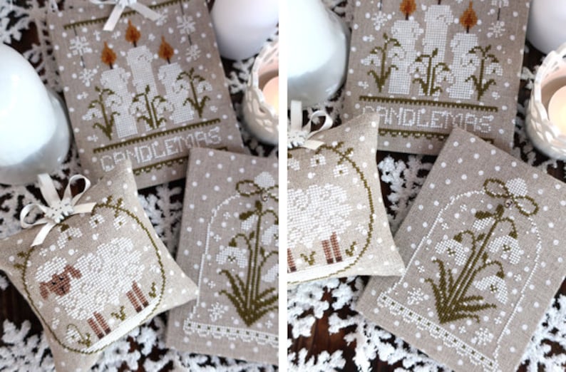 May include: Hand-stitched Christmas ornaments and pillows. The ornaments feature candle and floral designs, with the word "CANDLEMAS" embroidered on one. The pillows have a sheep design and floral designs. All are on a beige background with white polka dots.